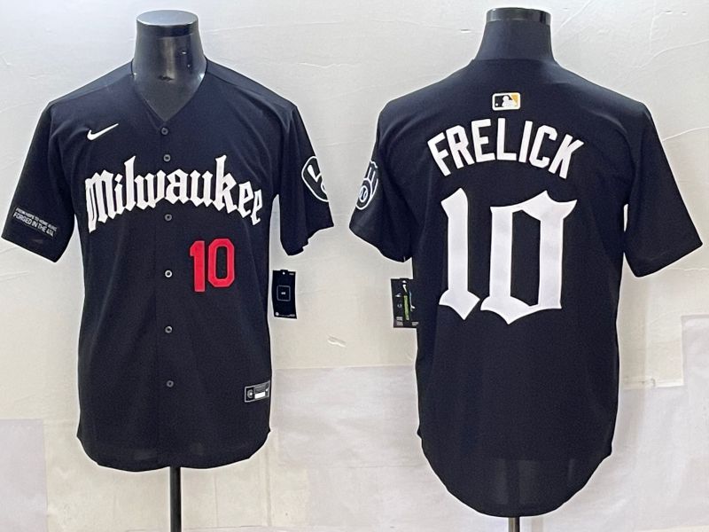 Men 2025 Milwaukee Brewers #10 Frelick Black Five generations Joint Name Nike MLB Jersey style 03